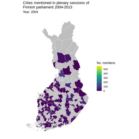 Map of Finland highlighting the number of mentions of cities in plenary sessions 